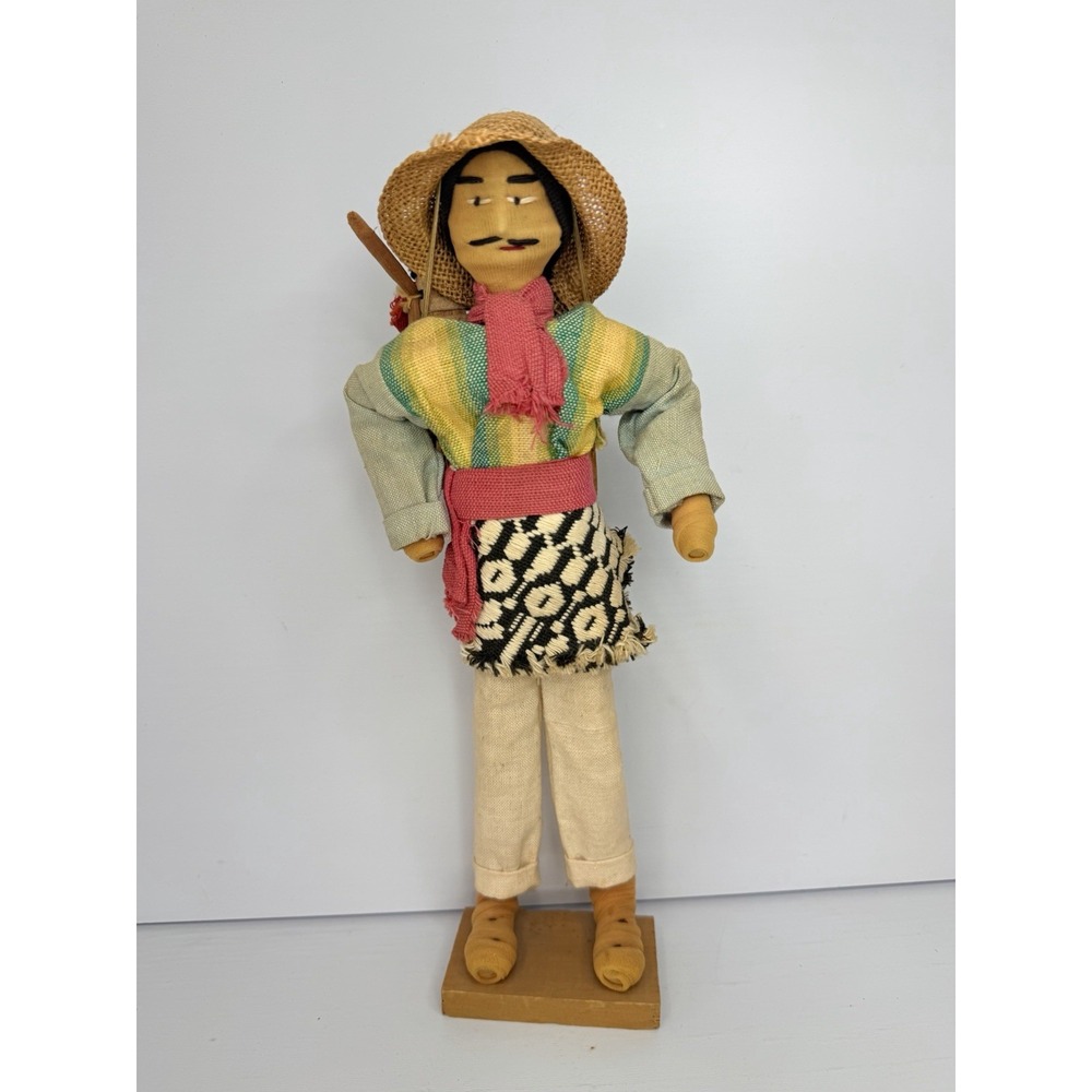 Vintage Mexican Folk Art Cloth Doll Peasant Farmer with Back Basket Huacal 12"